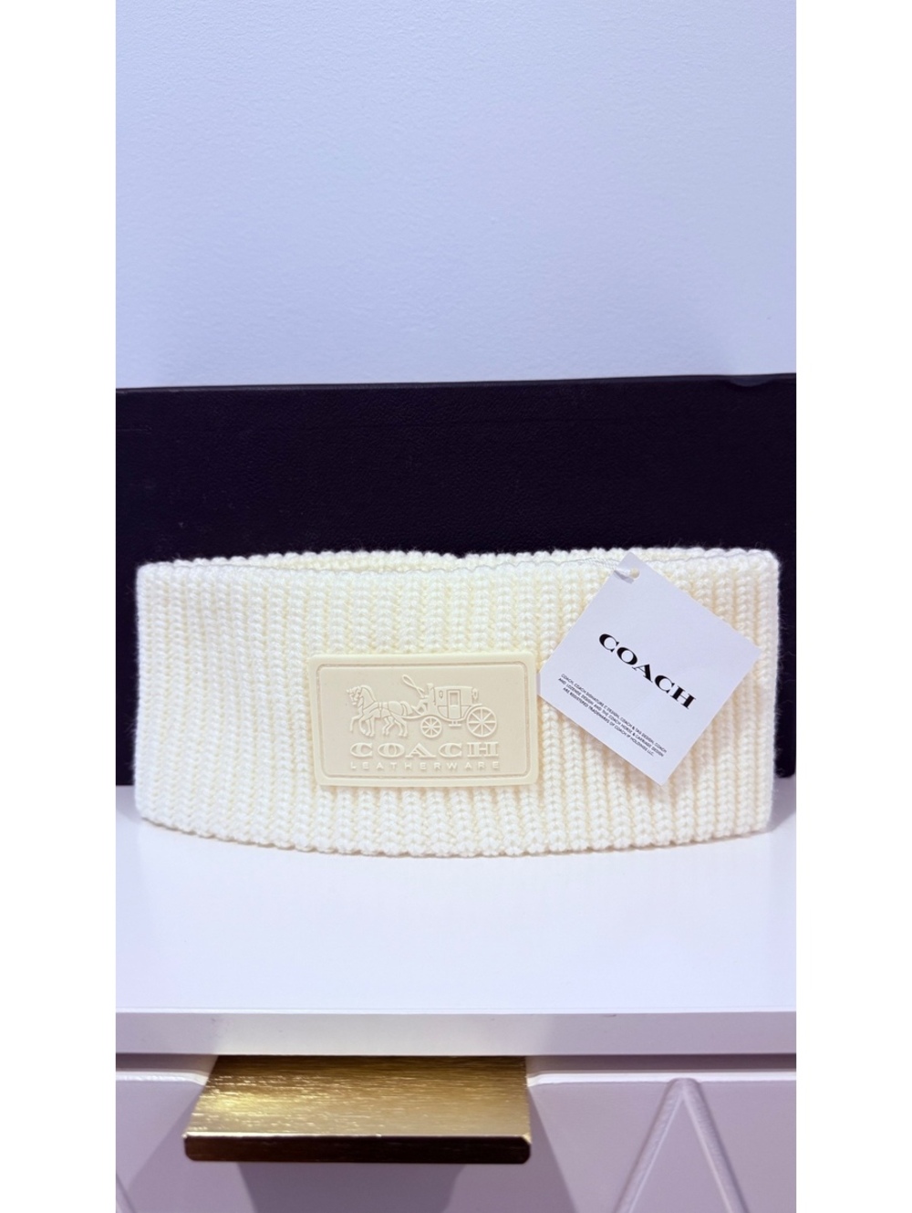 Coach Cream Knit Headband with Leather Logo Patch